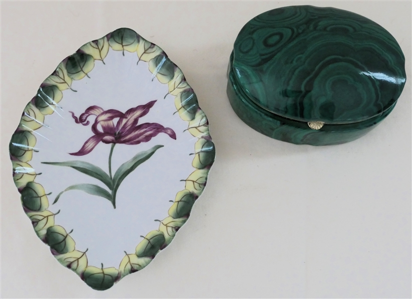 Pretty Ruby Ausley Interiors  Pink Flower Dish with Green Leaf Trim and Ceramic Dresser Box with Green Malachite Finish - Dish Measures 6 3/4" by 5" - Box Measures 2" tall 4 1/2" by 2 1/4"