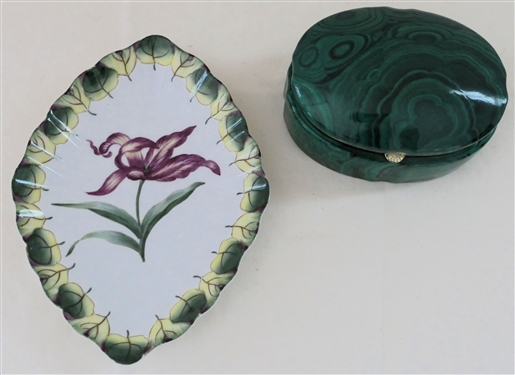 Pretty Ruby Ausley Interiors  Pink Flower Dish with Green Leaf Trim and Ceramic Dresser Box with Green Malachite Finish - Dish Measures 6 3/4 by 5 - Box Measures 2 tall 4 1/2 by 2 1/4'