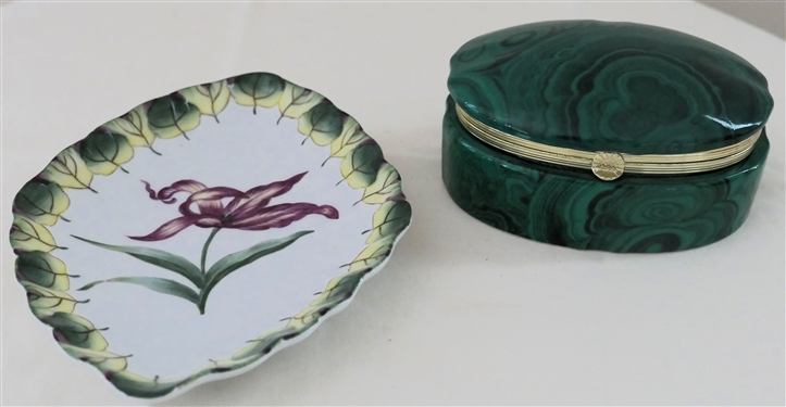 Pretty Ruby Ausley Interiors  Pink Flower Dish with Green Leaf Trim and Ceramic Dresser Box with Green Malachite Finish - Dish Measures 6 3/4 by 5 - Box Measures 2 tall 4 1/2 by 2 1/4'
