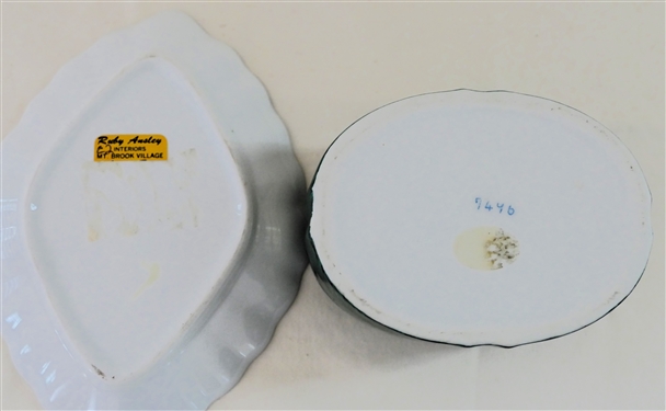 Pretty Ruby Ausley Interiors  Pink Flower Dish with Green Leaf Trim and Ceramic Dresser Box with Green Malachite Finish - Dish Measures 6 3/4 by 5 - Box Measures 2 tall 4 1/2 by 2 1/4'