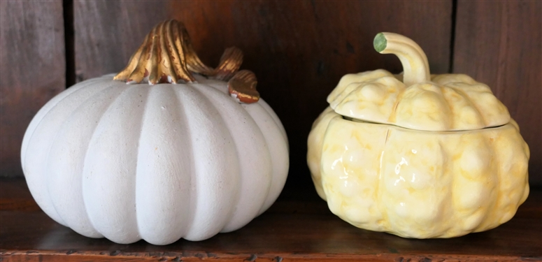 2 Decorator Pumpkins - Made in Italy Yellow Ceramic Box With Lid and Gray Resin with Gold Stem - Pumpkin Box Measures 3 tall 4 1/2 across