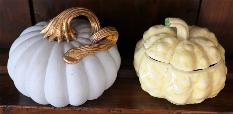 2 Decorator Pumpkins - Made in Italy Yellow Ceramic Box With Lid and Gray Resin with Gold Stem - Pumpkin Box Measures 3 tall 4 1/2 across