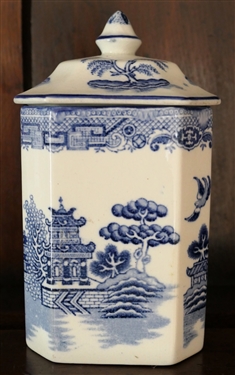 Gibson's England Blue Willow Jar with Lid - Embossed and Stamped on Bottom - Jar Measures 6 Tall 