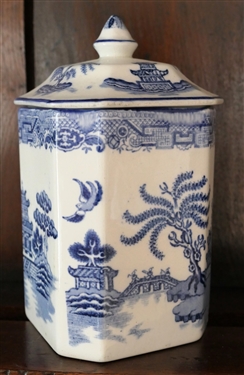 Gibson's England Blue Willow Jar with Lid - Embossed and Stamped on Bottom - Jar Measures 6 Tall 