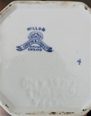 Gibson's England Blue Willow Jar with Lid - Embossed and Stamped on Bottom - Jar Measures 6 Tall 