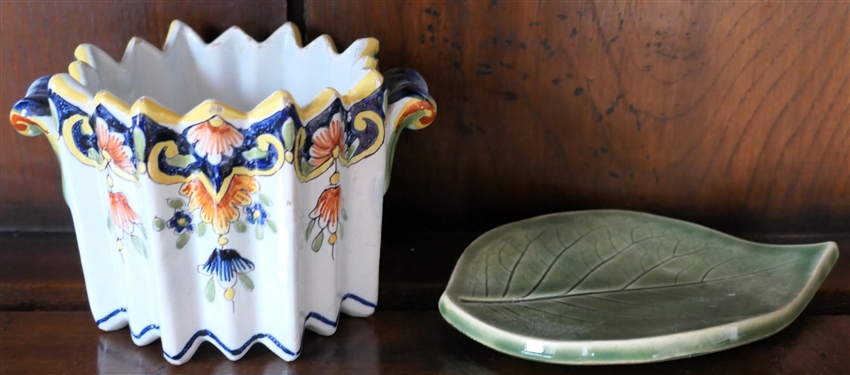 Art Pottery Leaf and Fluted Dish with Blue, Yellow, and Orange Decoration - Some Minor Paint Flaking Around Edges - Jar Measures 3 1/2 tall 4 Across