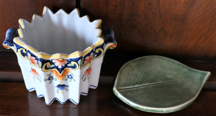 Art Pottery Leaf and Fluted Dish with Blue, Yellow, and Orange Decoration - Some Minor Paint Flaking Around Edges - Jar Measures 3 1/2 tall 4 Across