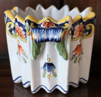 Art Pottery Leaf and Fluted Dish with Blue, Yellow, and Orange Decoration - Some Minor Paint Flaking Around Edges - Jar Measures 3 1/2 tall 4 Across