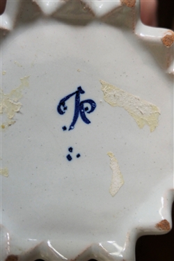 Art Pottery Leaf and Fluted Dish with Blue, Yellow, and Orange Decoration - Some Minor Paint Flaking Around Edges - Jar Measures 3 1/2 tall 4 Across