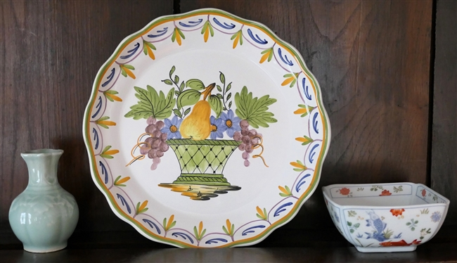 Celadon Green Miniature Vase, Koi Fish Square Bowl, and Décor Nevers Hand Painted French Plate -Plate is 9 1/4 Across 0 