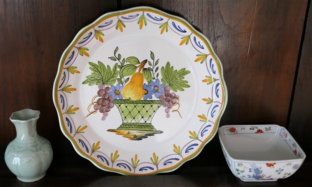 Celadon Green Miniature Vase, Koi Fish Square Bowl, and Décor Nevers Hand Painted French Plate -Plate is 9 1/4 Across 0 