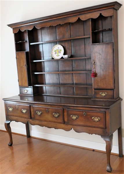 Very Nice Oak Pewter Cupboard - Top with 2 Cabinets and 2 Dovetailed Drawers Flanking Center Mortised Shelves - Cabinet Doors with Inlaid Shells - Top Crown with Dentil Molding and Scalloping -...