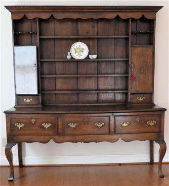 Very Nice Oak Pewter Cupboard - Top with 2 Cabinets and 2 Dovetailed Drawers Flanking Center Mortised Shelves - Cabinet Doors with Inlaid Shells - Top Crown with Dentil Molding and Scalloping -...