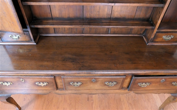 Very Nice Oak Pewter Cupboard - Top with 2 Cabinets and 2 Dovetailed Drawers Flanking Center Mortised Shelves - Cabinet Doors with Inlaid Shells - Top Crown with Dentil Molding and Scalloping -...