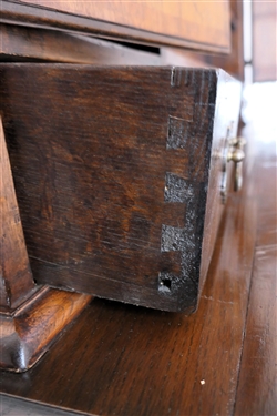 Very Nice Oak Pewter Cupboard - Top with 2 Cabinets and 2 Dovetailed Drawers Flanking Center Mortised Shelves - Cabinet Doors with Inlaid Shells - Top Crown with Dentil Molding and Scalloping -...