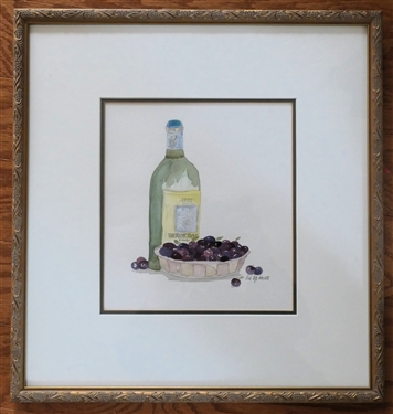 Wine and Grapes Watercolor Still Life Painting Signed by Artist LIE Dated '05 - Nicely Framed and Double Matted - Frame Measures 14 1/4 by 13 1/2