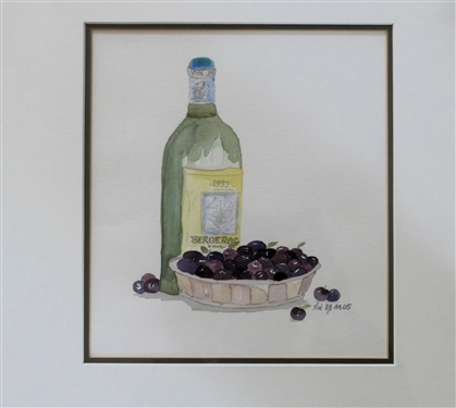 Wine and Grapes Watercolor Still Life Painting Signed by Artist LIE Dated '05 - Nicely Framed and Double Matted - Frame Measures 14 1/4 by 13 1/2