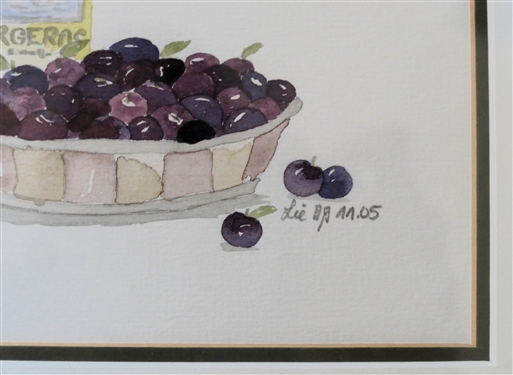 Wine and Grapes Watercolor Still Life Painting Signed by Artist LIE Dated '05 - Nicely Framed and Double Matted - Frame Measures 14 1/4 by 13 1/2