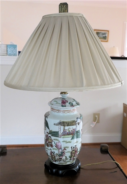 Chinese Ginger Jar Style Table Lamp with Nice Pleated Shade - Wood Base - Chinese Figures and Tigers - Lamp Measures 16" To Bulb