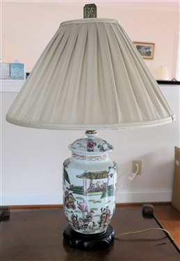 Chinese Ginger Jar Style Table Lamp with Nice Pleated Shade - Wood Base - Chinese Figures and Tigers - Lamp Measures 16 To Bulb