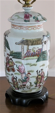 Chinese Ginger Jar Style Table Lamp with Nice Pleated Shade - Wood Base - Chinese Figures and Tigers - Lamp Measures 16 To Bulb