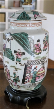 Chinese Ginger Jar Style Table Lamp with Nice Pleated Shade - Wood Base - Chinese Figures and Tigers - Lamp Measures 16 To Bulb