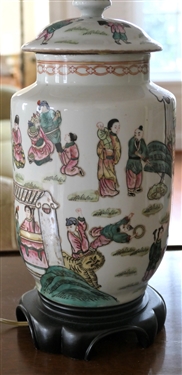 Chinese Ginger Jar Style Table Lamp with Nice Pleated Shade - Wood Base - Chinese Figures and Tigers - Lamp Measures 16 To Bulb