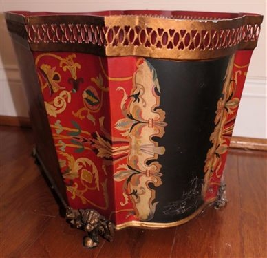 Modern Red Towle Painted Metal Planter with Brass Feet - Beautifully Painted - Measures 10 tall 16 By 11 