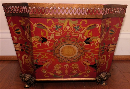 Modern Red Towle Painted Metal Planter with Brass Feet - Beautifully Painted - Measures 10 tall 16 By 11 