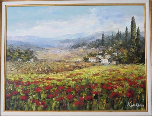 Beautiful Impressionist Style Oil on Canvas Painting by Artist K. Watson - Field of Red Flowers with Village in Background - Framed in Large Gold Frame - Frame Measures 42 by 52