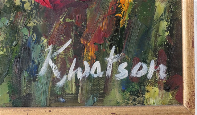 Beautiful Impressionist Style Oil on Canvas Painting by Artist K. Watson - Field of Red Flowers with Village in Background - Framed in Large Gold Frame - Frame Measures 42 by 52