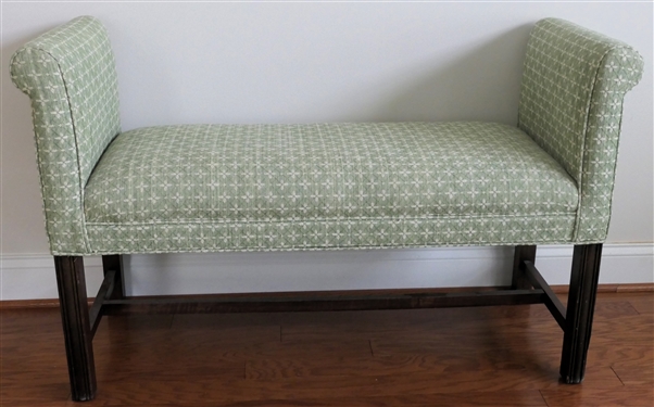 Very Clean Upholstered Chinese Chippendale Style Bench - Very Clean Green and White Floral Upholstery - Stretcher Base - Bench Measures 28 1/2 Tall 45 by 18 