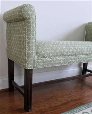 Very Clean Upholstered Chinese Chippendale Style Bench - Very Clean Green and White Floral Upholstery - Stretcher Base - Bench Measures 28 1/2 Tall 45 by 18 