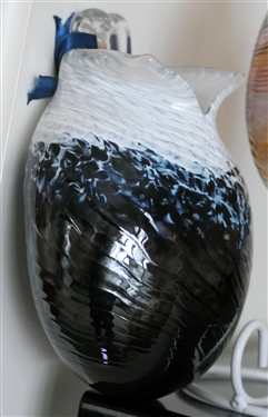 2 Beautiful Hand Blown Art Glass Hanging Vases - Dark Blue and White Measures 6 