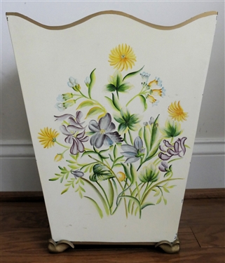 Ruby Ansley Interiors Metal Towle Painted Wastebasket with Blue, Purple, and Yellow Hand Painted Flowers - Trash Can Measures 14 Tall 11 1/2 by 8 3/4