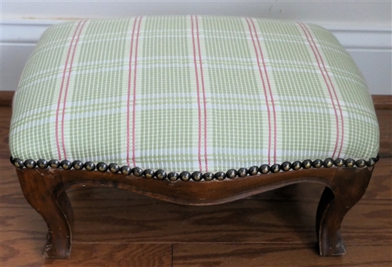 Cute Green and Pink Plaid Foot Stool with Nail Head Trim - Wood Base - Stool Measures 7 Tall 14 By 10 1/2