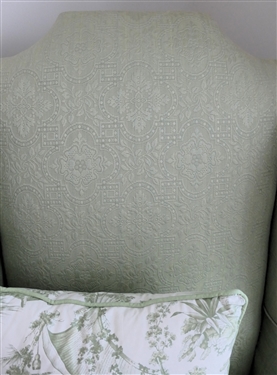 Light Green Brocade Queen Anne Style Wing Back Chair by Ruby Ausley Interiors - Very Clean - Down Cushion - with Green and White Toile Throw Pillow 