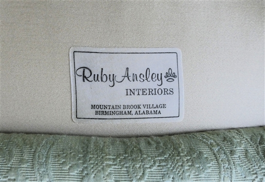 Light Green Brocade Queen Anne Style Wing Back Chair by Ruby Ausley Interiors - Very Clean - Down Cushion - with Green and White Toile Throw Pillow 