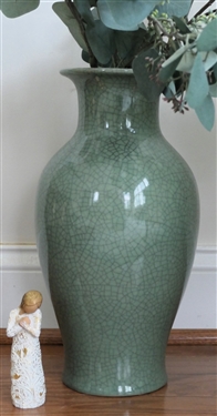 Willow Tree Tapestry Figure Dated 2015 and Celadon Crackle Finish Decorator Vase with Faux Eucalyptus Arrangement - Vase is 14 1/2 Tall 