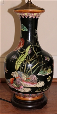 Pretty Chinese Vase Style Table Lamp with Chrysanthemum Flowers, Lotus Blossoms, and Lily Pads - Brass Fittings with Wood Base - Lamp Measures 30 Tall 