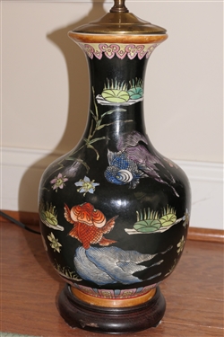 Pretty Chinese Vase Style Table Lamp with Chrysanthemum Flowers, Lotus Blossoms, and Lily Pads - Brass Fittings with Wood Base - Lamp Measures 30 Tall 
