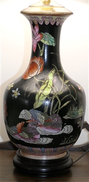 Pretty Chinese Vase Style Table Lamp with Chrysanthemum Flowers, Lotus Blossoms, and Lily Pads - Brass Fittings with Wood Base - Lamp Measures 30 Tall 