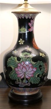 Pretty Chinese Vase Style Table Lamp with Chrysanthemum Flowers, Lotus Blossoms, and Lily Pads - Brass Fittings with Wood Base - Lamp Measures 30 Tall 
