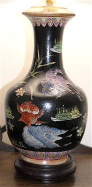 Pretty Chinese Vase Style Table Lamp with Chrysanthemum Flowers, Lotus Blossoms, and Lily Pads - Brass Fittings with Wood Base - Lamp Measures 30 Tall 