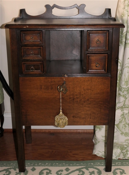Mahogany Night Stand Cabinet - Open Gallery and Back Splash  - - Door Slides Up and Down - Table Measures 33" Tall 21" by 14"  - Key is Bent 