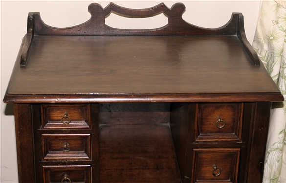 Mahogany Night Stand Cabinet - Open Gallery and Back Splash  - - Door Slides Up and Down - Table Measures 33 Tall 21 by 14  - Key is Bent 