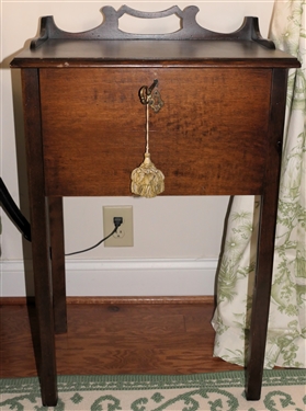 Mahogany Night Stand Cabinet - Open Gallery and Back Splash  - - Door Slides Up and Down - Table Measures 33 Tall 21 by 14  - Key is Bent 