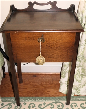 Mahogany Night Stand Cabinet - Open Gallery and Back Splash  - - Door Slides Up and Down - Table Measures 33 Tall 21 by 14  - Key is Bent 