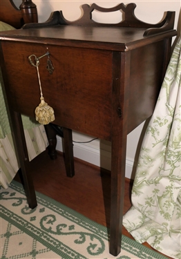 Mahogany Night Stand Cabinet - Open Gallery and Back Splash  - - Door Slides Up and Down - Table Measures 33 Tall 21 by 14  - Key is Bent 