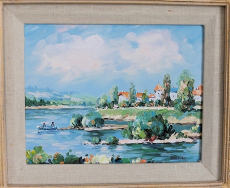 Pretty Bright Colorful Water Scene Oil on Canvas Painting - Artist Signature Under Frame - Framed in Ornate Gold Gilt Frames - Ruby Ansley On Back - Frame Measures 16 1/2 By 18 